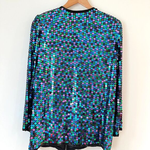 VTG Oleg Cassini All Over Sequin Silk Jacket Glam Evening Colorful Oversized M - Picture 10 of 15